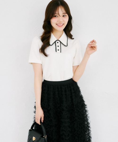 tocco closet（トッコ　クローゼット）の「【ZOZO限定】配色プチレース装飾ポロシャツ（Tシャツ/カットソー・レディース・杢グレー/アイボリー・M）」の6枚目の写真