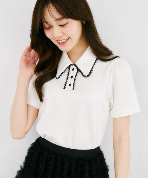 tocco closet（トッコ　クローゼット）の「【ZOZO限定】配色プチレース装飾ポロシャツ（Tシャツ/カットソー・レディース・杢グレー/アイボリー・M）」の8枚目の写真