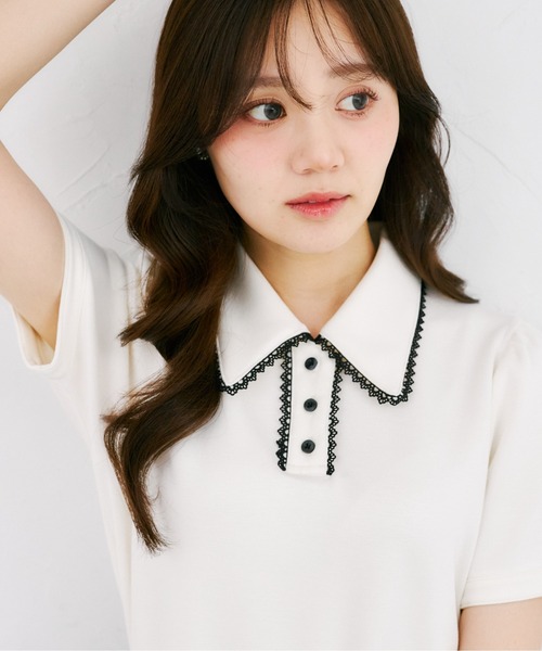 tocco closet（トッコ　クローゼット）の「【ZOZO限定】配色プチレース装飾ポロシャツ（Tシャツ/カットソー・レディース・杢グレー/アイボリー・M）」の9枚目の写真