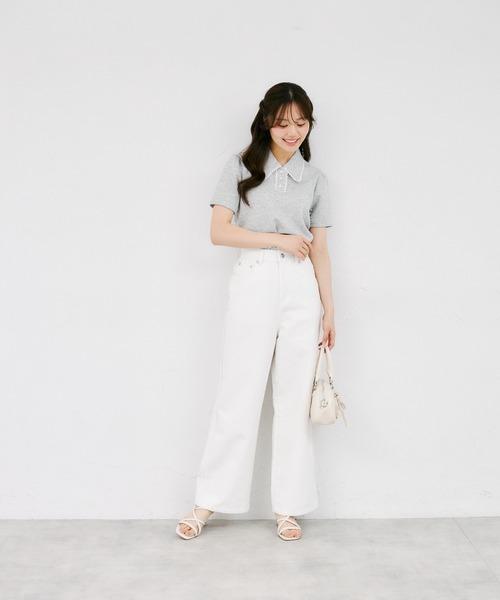 tocco closet（トッコ　クローゼット）の「【ZOZO限定】配色プチレース装飾ポロシャツ（Tシャツ/カットソー・レディース・杢グレー/アイボリー・M）」の11枚目の写真