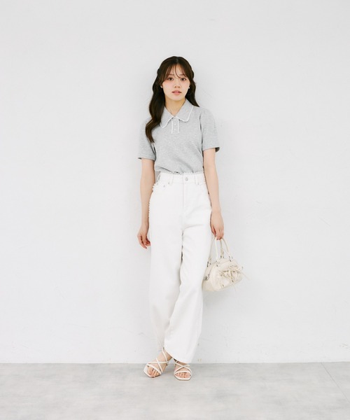 tocco closet（トッコ　クローゼット）の「【ZOZO限定】配色プチレース装飾ポロシャツ（Tシャツ/カットソー・レディース・杢グレー/アイボリー・M）」の12枚目の写真