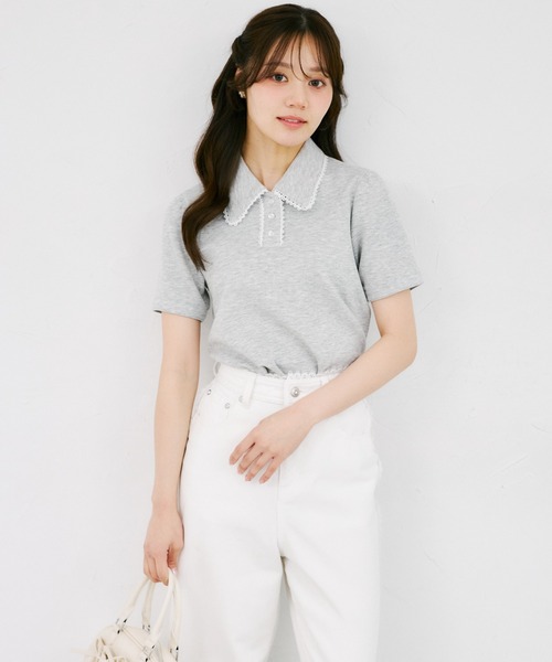 tocco closet（トッコ　クローゼット）の「【ZOZO限定】配色プチレース装飾ポロシャツ（Tシャツ/カットソー・レディース・杢グレー/アイボリー・M）」の13枚目の写真
