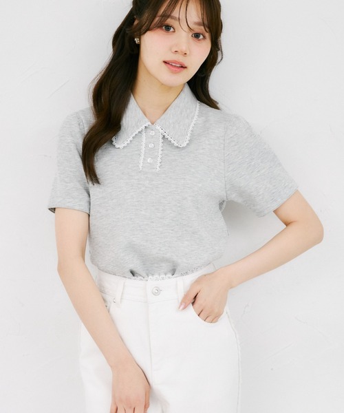 tocco closet（トッコ　クローゼット）の「【ZOZO限定】配色プチレース装飾ポロシャツ（Tシャツ/カットソー・レディース・杢グレー/アイボリー・M）」の14枚目の写真