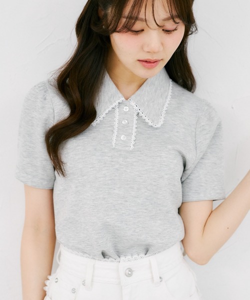 tocco closet（トッコ　クローゼット）の「【ZOZO限定】配色プチレース装飾ポロシャツ（Tシャツ/カットソー・レディース・杢グレー/アイボリー・M）」の15枚目の写真