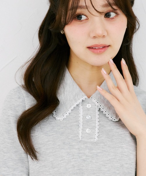 tocco closet（トッコ　クローゼット）の「【ZOZO限定】配色プチレース装飾ポロシャツ（Tシャツ/カットソー・レディース・杢グレー/アイボリー・M）」の16枚目の写真