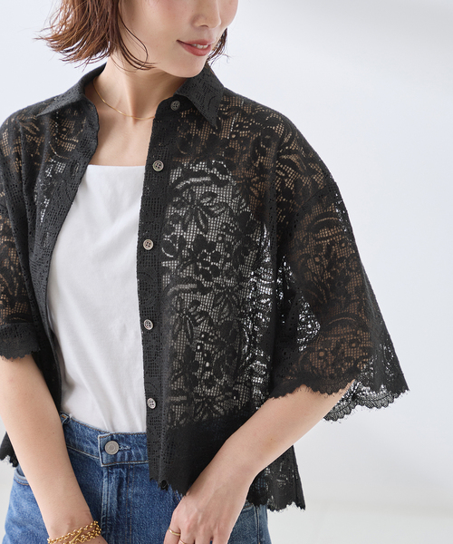journal standard L'essage（ジャーナルスタンダードレサージュ）の「オーガニックコットンMIXレースシャツ（シャツ/ブラウス・レディース・アイボリー/ブラック・FREE）」の2枚目の写真