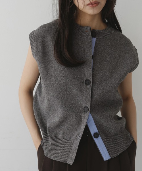 DROMe ドローム パイソンレザー切り替えカーディガンL シャツ切り替えノースリーブカーディガン（カーディガン/ボレロ