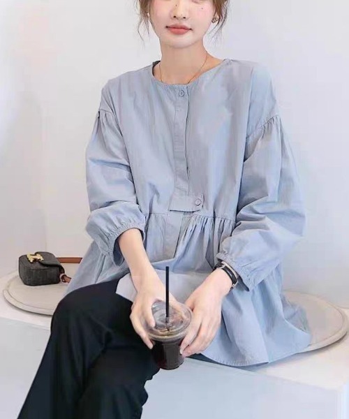 LUCPY(ラクピー)の「ウエストマークペプラムブラウス(シャツ/ブラウス・レディース・ホワイト/ブルー・LARGE/X-LARGE/XX-LARGE/MEDIUM)」の4枚目の写真