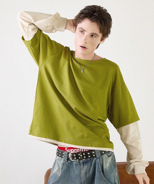 MSG(エムエスジー)の「ボックスシルエットフェイクレイヤードロングTシャツ(Tシャツ/カットソー・メンズ・グリーン/グレイッシュベージュ/ブルーグレー/ブラック・S/M/L/XL)」の14枚目の写真