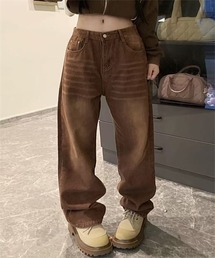 ヴィンテージライク ブラウンカラー　ワイドデニムパンツ　レディス
