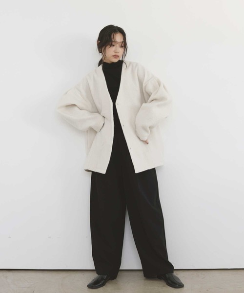  hellam（へラム）の「フードマフラー付きシャギーコート（ノーカラーコート・レディース・ブラック/アイボリー/ブルー/ブラウン・FREE）」の18枚目の写真