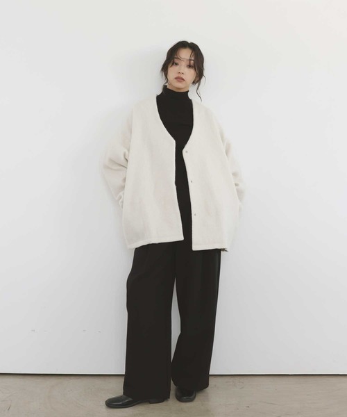  hellam（へラム）の「フードマフラー付きシャギーコート（ノーカラーコート・レディース・ブラック/アイボリー/ブルー/ブラウン・FREE）」の20枚目の写真