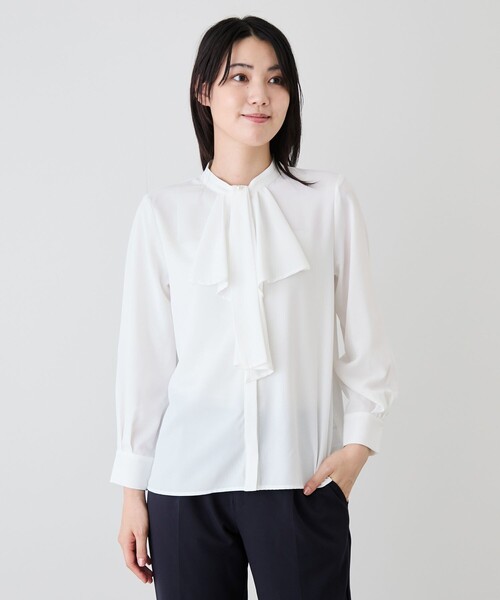Jayro(ジャイロ)の「2WAYタイ付きラッフルフリルブラウス(シャツ/ブラウス・レディース・ネイビー/ホワイト系その他6/ホワイト系その他・M)」の4枚目の写真