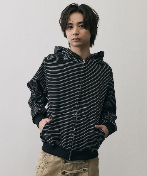 Shoowtime（ショウタイム）の「Vintage Grunge Border Zip Hoodie / ヴィンテージ グランジ ボーダー ジップパーカー（パーカー・メンズ・ブラック/アイボリー・X-LARGE/LARGE/MEDIUM）」の4枚目の写真