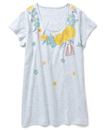 レーベルコレクション　Ｏｒｇａさんと作った　お花のレイをかけたようなオリジナルプリントの長め丈Ｔシャツ　　　