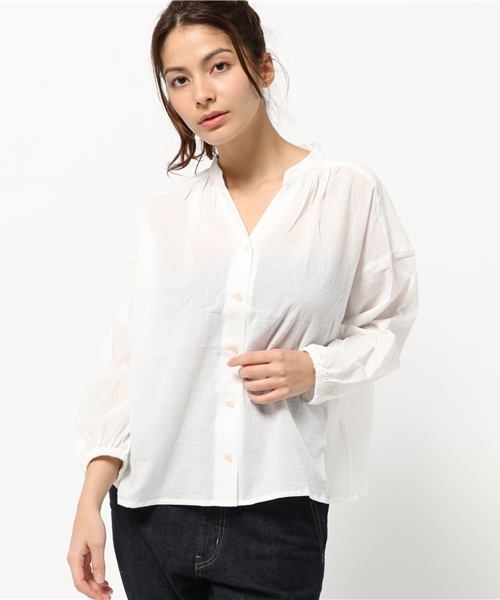 POU DOU DOU（プードゥドゥ）の「スキッパー前開きスモック（シャツ/ブラウス・レディース・オフホワイト/ピンク/グリーン/イエロー・3）」の2枚目の写真