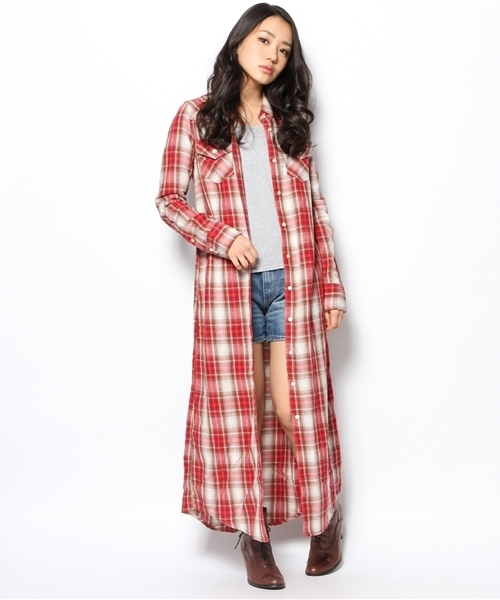 goa(ゴア)の「リネンコットン オリジナルチェックロングシャツ(ワンピース・レディース・ベージュ/グリーン/ブルー/レッド・FREE)」の4枚目の写真