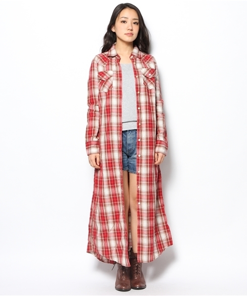 goa(ゴア)の「リネンコットン オリジナルチェックロングシャツ(ワンピース・レディース・ベージュ/グリーン/ブルー/レッド・FREE)」の6枚目の写真