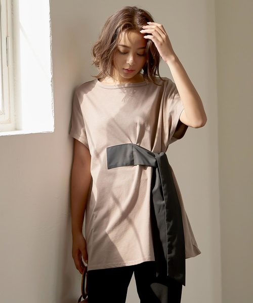KOBE LETTUCE(コウベレタス)の「ウエストリボン半袖Tシャツカットソー(Tシャツ/カットソー・レディース・ネイビー/オフホワイト/ブラウン系その他・FREE)」の2枚目の写真