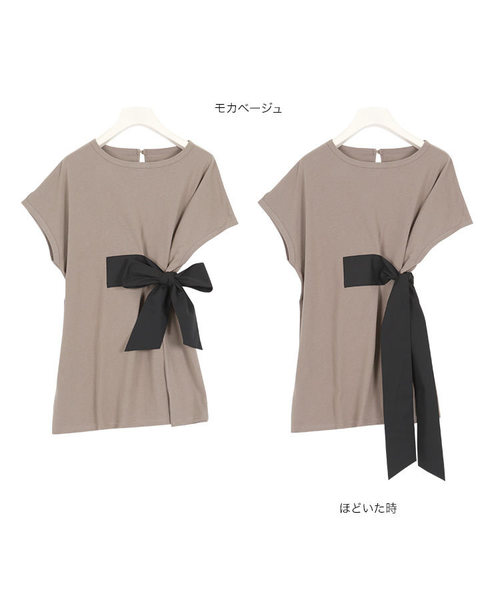 KOBE LETTUCE(コウベレタス)の「ウエストリボン半袖Tシャツカットソー(Tシャツ/カットソー・レディース・ネイビー/オフホワイト/ブラウン系その他・FREE)」の5枚目の写真