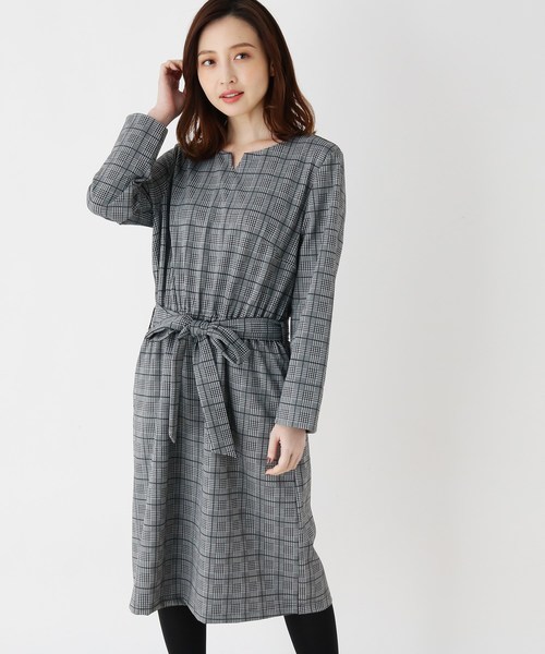 大きいサイズあり 13号 15号 グレンチェックベルテッドワンピース