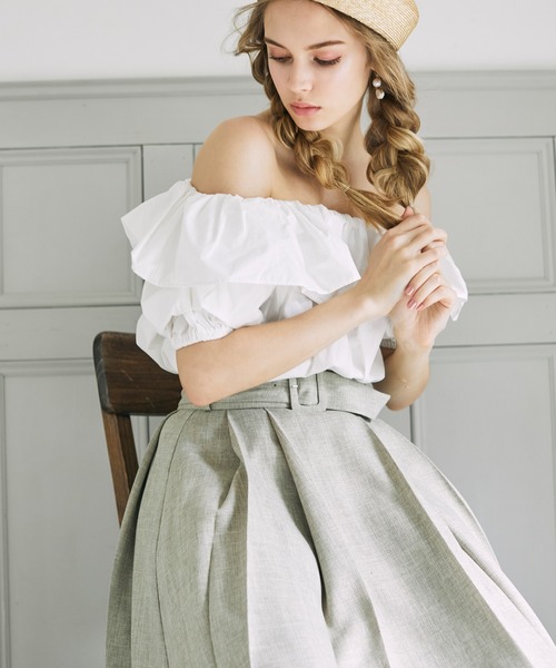 EIMY ISTOIRE(エイミーイストワール)の「タックスリーブオフショルダートップス(シャツ/ブラウス・レディース・ピンク/ミント/ホワイト/ベージュ/ブラック/イエロー・FREE)」の7枚目の写真