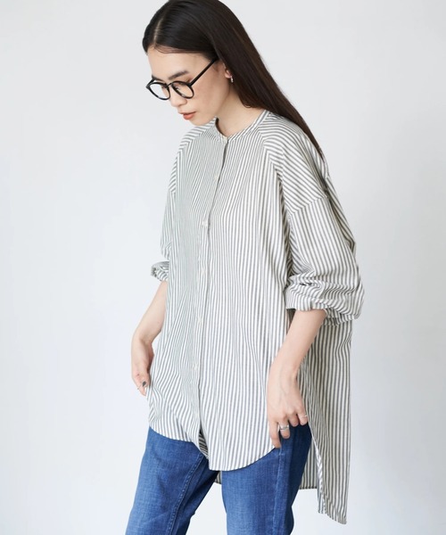 AMERICAN HOLIC（アメリカンホリック）の「ドロップショルダーバンドカラーシャツチュニック　＊（Tシャツ/カットソー・レディース・その他5/ストライプ/チェック/ハウンドトゥース・FREE）」の3枚目の写真