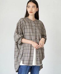 ドロップショルダーバンドカラーシャツチュニック *
