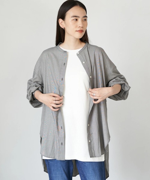 AMERICAN HOLIC（アメリカンホリック）の「ドロップショルダーバンドカラーシャツチュニック　＊（Tシャツ/カットソー・レディース・その他5/ストライプ/チェック/ハウンドトゥース・FREE）」の4枚目の写真