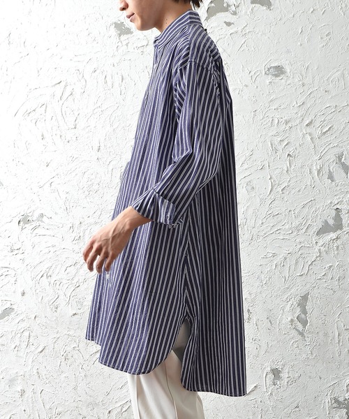 MinoriTY(マイノリティ)の「メンズ長袖ブロードビッグシルエットロングレギュラーシャツ(シャツ/ブラウス・メンズ・ホワイト/ストライプ/ブラック・L/M)」の9枚目の写真