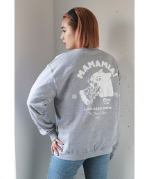 AlexanderLeeChang アレキサンダーリーチャン / PIZZA CAT CREW ピザキャットクルーネックスウェット トレーナー バックプリント ワンポイント 刺繍 袖プリント スリーブプリント 猫 ロゴプリント カレッジロゴ ドロップショルダー ワイド ボックス ビッグシルエット / AC012110