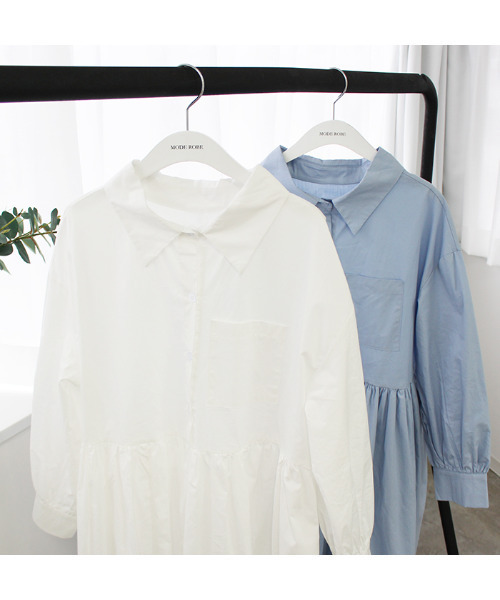 MODE ROBE（モードローブ）の「ギャザーロングシャツワンピース（シャツワンピース・レディース・ブルー/ホワイト・FREE）」の8枚目の写真