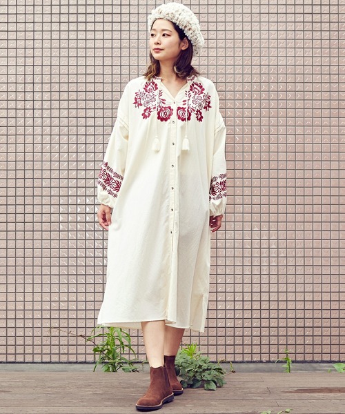 チャイハネ Yul ハンガリー刺繍風ノーカラーシャツワンピース シャツワンピース チャイハネ チャイハネ のファッション通販 Zozotown