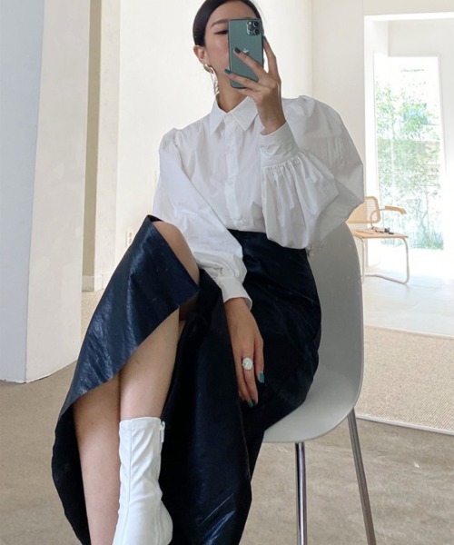 a lot of love（ア ロット オブ ラブ）の「ハイウエスト　フェイクレザー　スリットスカート（スカート・レディース・ブラック・S/M）」の21枚目の写真