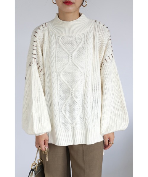 &. NOSTALGIA（アンドドットノスタルジア）の「【ZOZO限定】ハンドステッチケーブルニット（ニット/セーター・レディース・ブラック/アイボリー/モカ・FREE）」の2枚目の写真