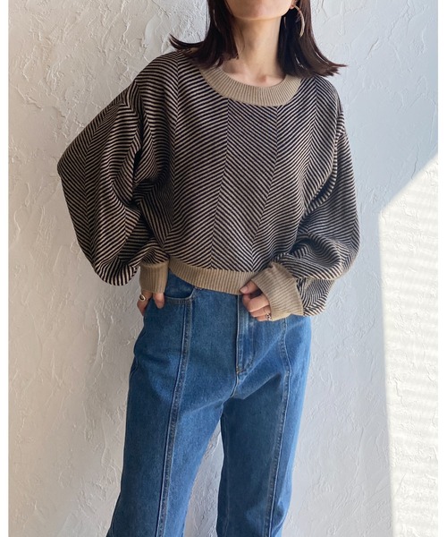 She's Closet（シーズクローゼット）の「クルーネック長袖ヘリンボーンジャガードニットプルオーバー（ニット/セーター・レディース・ブラック/グレー/ベージュ・FREE）」の13枚目の写真