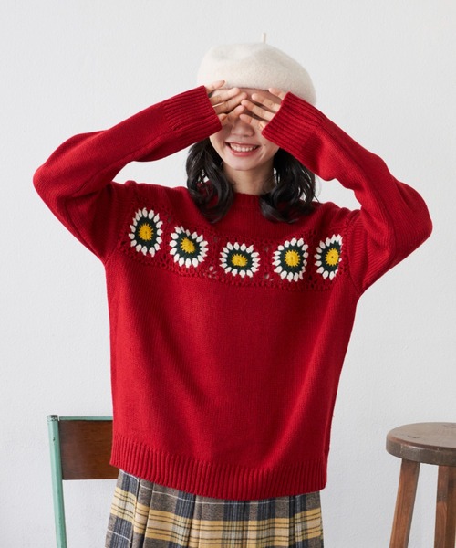 MERLOT（メルロー）の「クロシェSUNNYニット（ニット/セーター・レディース・グリーン/レッド・FREE）」の9枚目の写真