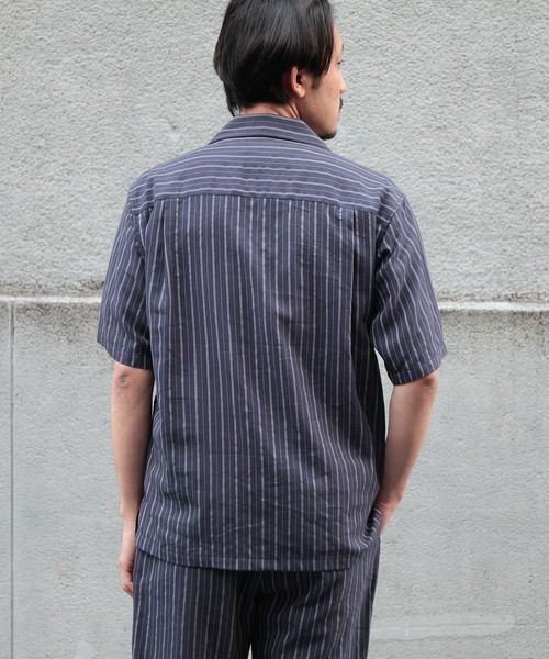 UNION STATION（ユニオンステーション）の「綿麻ストライプオープンカラー半袖シャツ（シャツ/ブラウス・メンズ・オフホワイト/ネイビー/レンガ・M/L）」の6枚目の写真