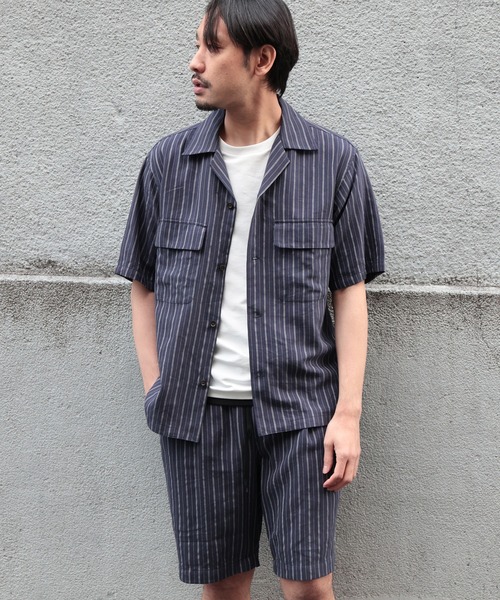 UNION STATION（ユニオンステーション）の「綿麻ストライプオープンカラー半袖シャツ（シャツ/ブラウス・メンズ・オフホワイト/ネイビー/レンガ・M/L）」の4枚目の写真