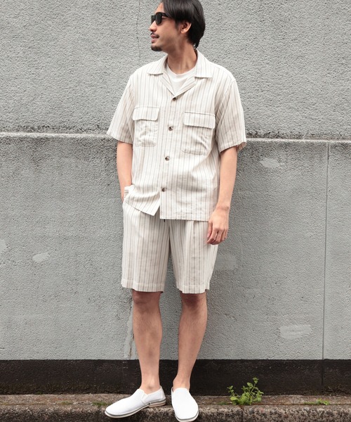 UNION STATION（ユニオンステーション）の「綿麻ストライプオープンカラー半袖シャツ（シャツ/ブラウス・メンズ・オフホワイト/ネイビー/レンガ・M/L）」の10枚目の写真