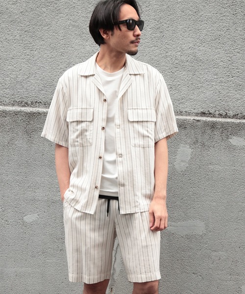 UNION STATION（ユニオンステーション）の「綿麻ストライプオープンカラー半袖シャツ（シャツ/ブラウス・メンズ・オフホワイト/ネイビー/レンガ・M/L）」の9枚目の写真