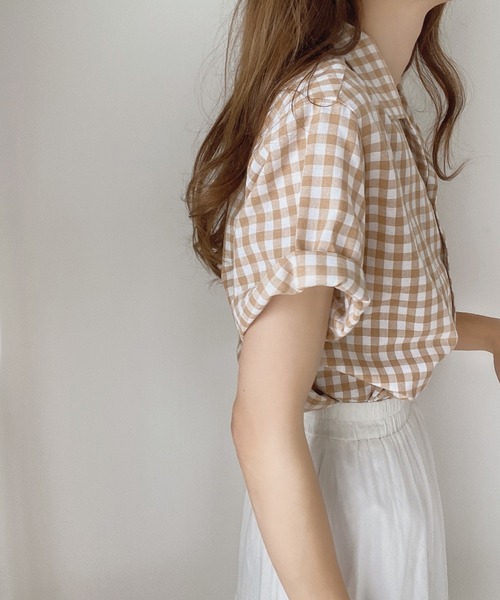 LAUIR（ラウアー）の「ギンガムチェック半袖シャツ（シャツ/ブラウス・レディース・ブラック/ベージュ/レッド/ブルー・MEDIUM/X-LARGE/LARGE）」の7枚目の写真
