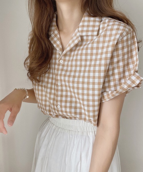 LAUIR（ラウアー）の「ギンガムチェック半袖シャツ（シャツ/ブラウス・レディース・ブラック/ベージュ/レッド/ブルー・MEDIUM/X-LARGE/LARGE）」の10枚目の写真