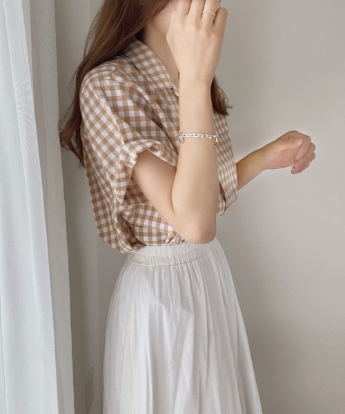 LAUIR（ラウアー）の「ギンガムチェック半袖シャツ（シャツ/ブラウス・レディース・ブラック/ベージュ/レッド/ブルー・MEDIUM/X-LARGE/LARGE）」の13枚目の写真