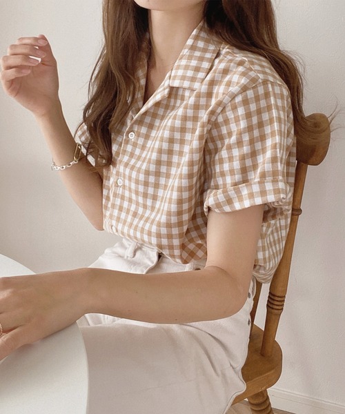 LAUIR（ラウアー）の「ギンガムチェック半袖シャツ（シャツ/ブラウス・レディース・ブラック/ベージュ/レッド/ブルー・MEDIUM/X-LARGE/LARGE）」の14枚目の写真