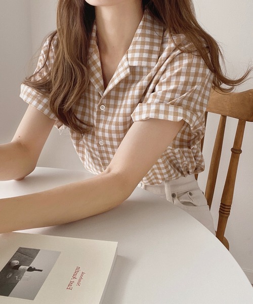LAUIR（ラウアー）の「ギンガムチェック半袖シャツ（シャツ/ブラウス・レディース・ブラック/ベージュ/レッド/ブルー・MEDIUM/X-LARGE/LARGE）」の16枚目の写真