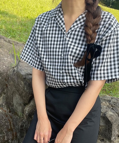 LAUIR（ラウアー）の「ギンガムチェック半袖シャツ（シャツ/ブラウス・レディース・ブラック/ベージュ/レッド/ブルー・MEDIUM/X-LARGE/LARGE）」の19枚目の写真