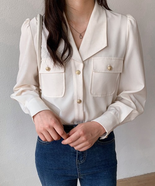 ABITOKYO（アビトーキョー）の「2022AW　金ボタンオープンカラーシャツブラウス（シャツ/ブラウス・レディース・ブラック/ダークブラウン/アイボリー・M/L）」の5枚目の写真
