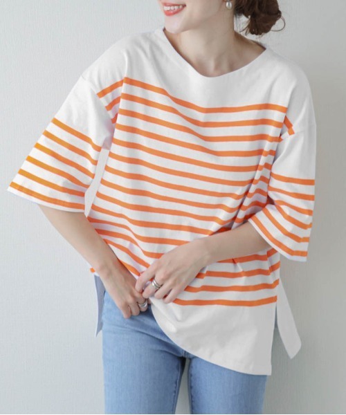 SUGAR BISKET（シュガービスケット）の「バスクボーダーTシャツ（Tシャツ/カットソー・レディース・ピンク/オレンジ/ブルー/ブラック・フリー）」の5枚目の写真