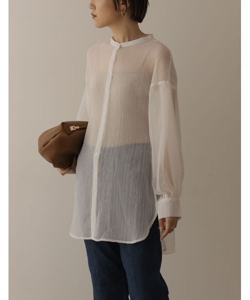 Re:EDIT（リエディ）の「[2022A/W COLLECTION]シアーストライプマオカラーシャツ（シャツ/ブラウス・レディース・ベージュ/ホワイト・LARGE/MEDIUM）」の3枚目の写真
